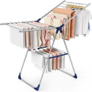 Clothes Drying Rack with Height-Adjustable Wings, Metal Foldable Laundry Dryer Stand for Clothing & Bedding, Free-Standing Collapsible for Indoor & Outdoor Use, 55.5" L x 22.8" W (Silver Blue)