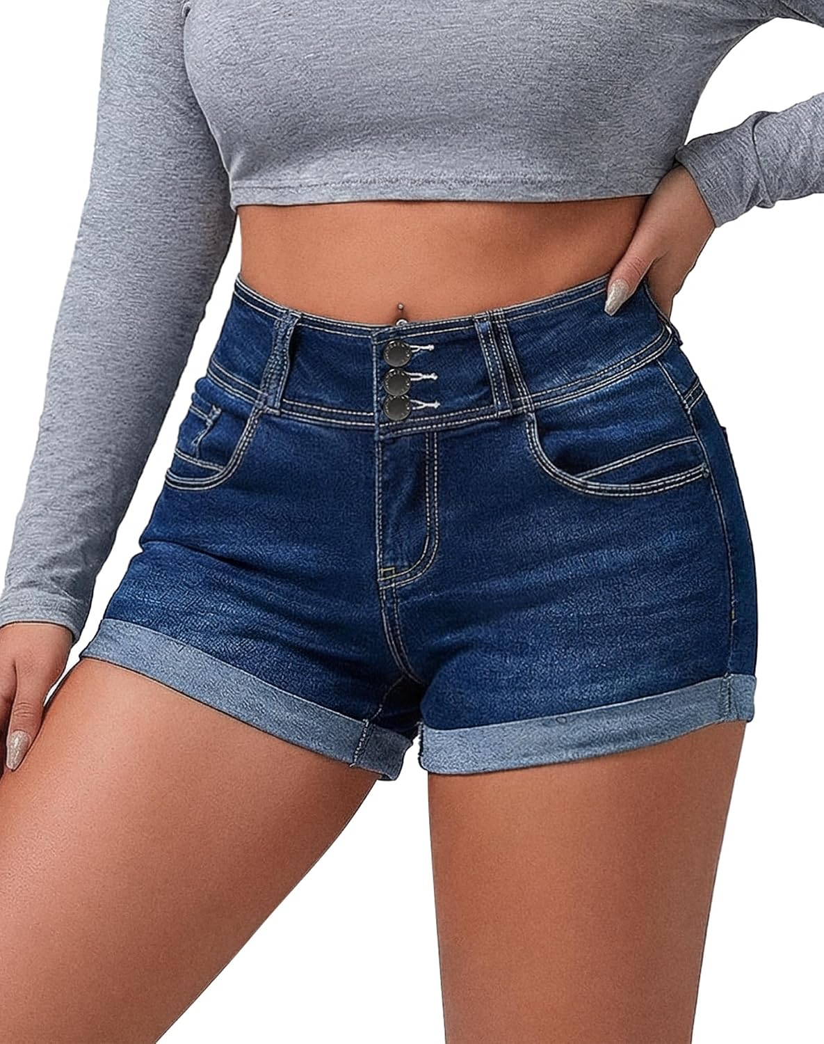 816c7Fm27L._AC_SL1500_.jpg Women High Waisted Stretchy Denim Shorts Cuffed Jean Shorts - Image 1