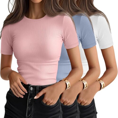 3 Pack Women Ribbed T-Shirts, Cotton Short Sleeve Basic Tees Crewneck Fitted Tops Casual Shirts Summer Trendy