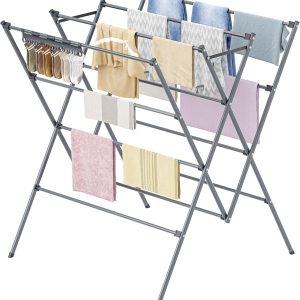 Large Clothes Drying Rack with 12 Drying Poles and Sock Clips, Foldable Portable Laundry Rack for Air Drying Clothing, Towels, Delicates, Indoor & Outdoor (Silver)