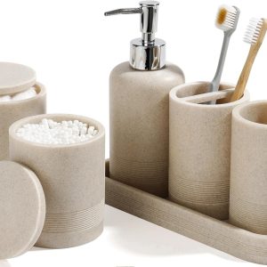Bathroom Accessory Set, 6-Piece Set with Toothbrush Holders, Soap Dispenser, Vanity Tray, Tumbler, Cotton Swab Jars, Bathroom Organizer (Beige)