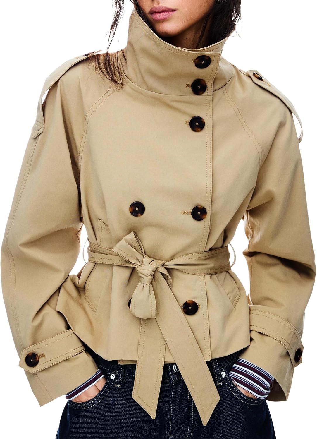81iFQedREL._AC_SL1500_.jpg Women Cropped Trench Coat Double Breasted Short Jacket High Collar Fall Winter Coats Trendy Outfit with Belt - Image 1