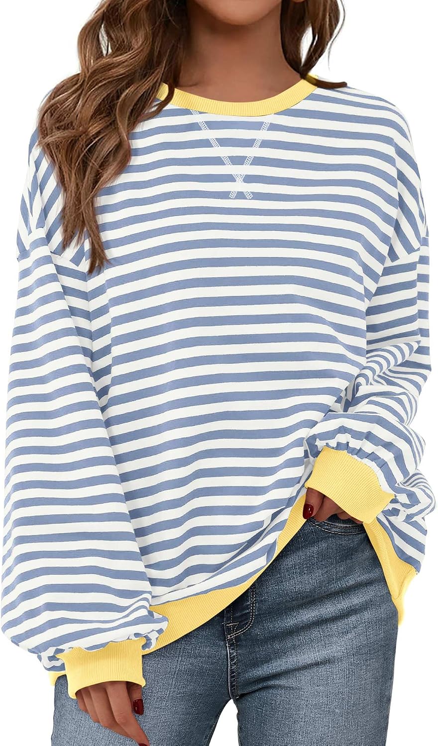 81qG7-VgurL._AC_SL1500_.jpg Sweatshirt For Women Fall Crewneck Long Sleeve Oversized Striped Pullover Tops Y2K Clothes Workout Shirt - Image 1