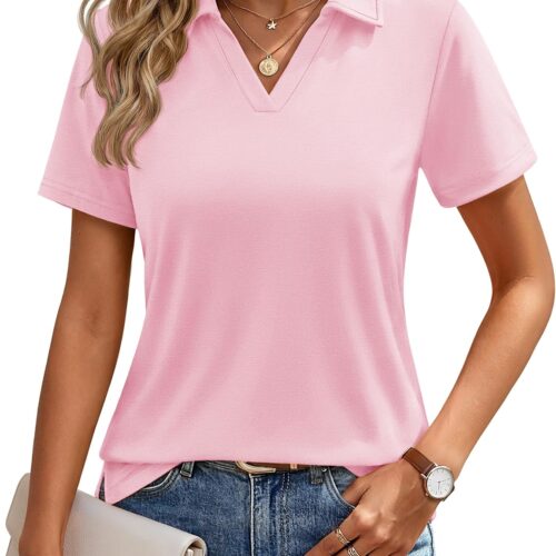 Polo Shirts for Women Short Sleeve V Neck Golf Shirt Casual Tops | UPF 50+ Sun Protection Work Summer Polo