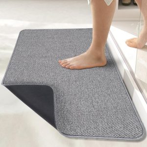 Bath Mat, Ultra Thin Bathroom Rug, Rubber Non-Slip Quick-Dry Machine Washable Low Pile Absorbent Mat for Shower, Sink, Home Decor (Grey, 17" x 27")