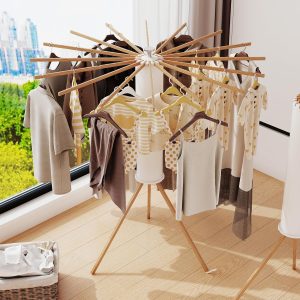 Tripod Clothes Drying Rack, Floor-Standing Laundry Drying Rack with 16 Wooden Poles, Collapsible, Retractable, Foldable Design