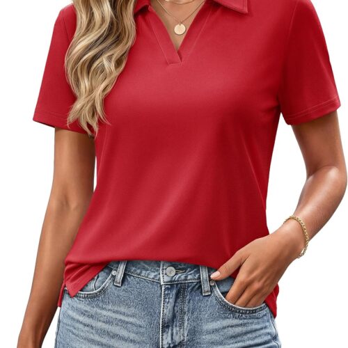 Women Polo Shirts Short Sleeve V Neck Business Casual Tops Collared Cotton Golf Polos Work Summer Tees